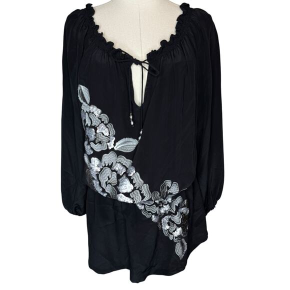 Cache Vintage Silk Embroidered Floral Peasant Tunic Blouse Black Top size Medium - Picture 1 of 5